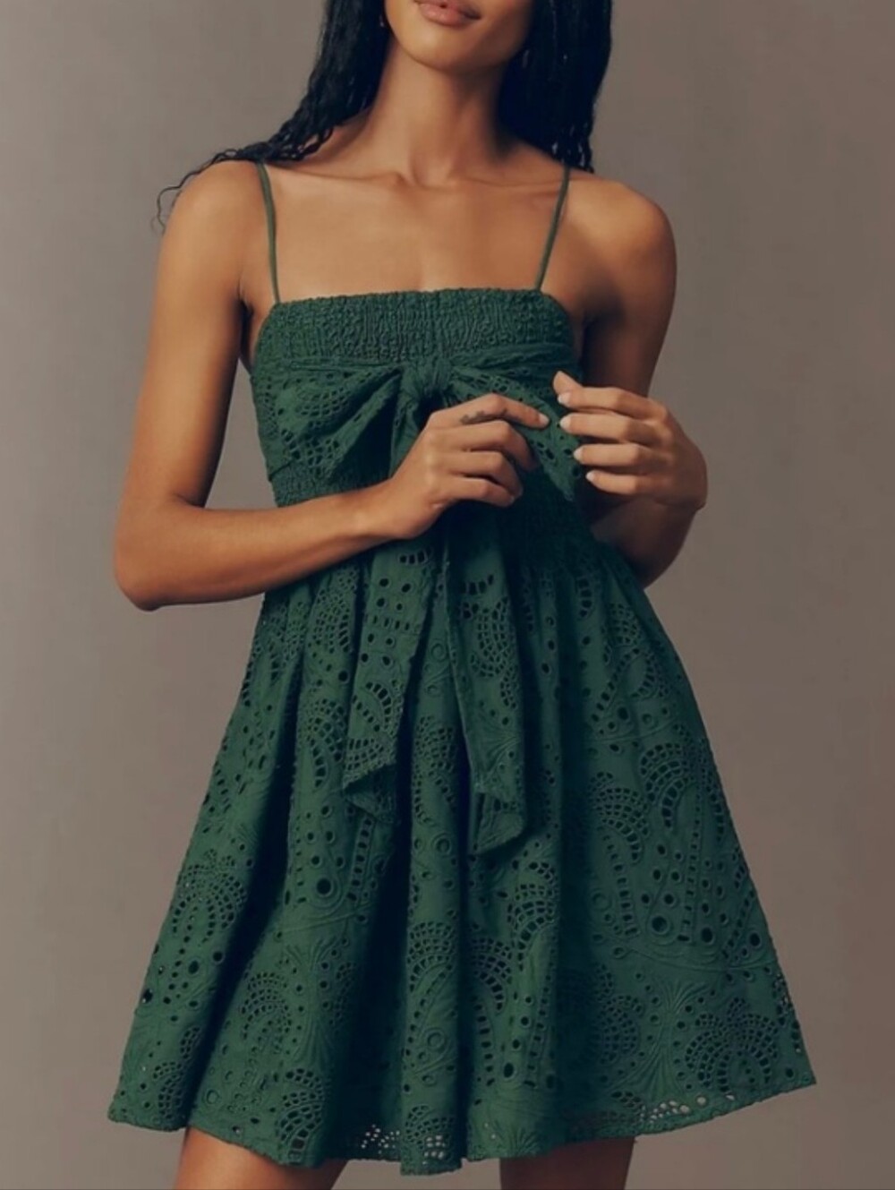Farm Rio Anthropologie Eyelet Sleeveless Bow Mini Dress Green Cotton Size XS